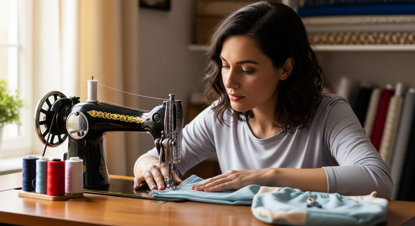 Mulher aprendendo a costurar em uma máquina de costura